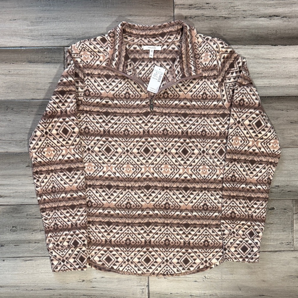 NWT Maurices Aztec Print Quarter-Zip Pullover in Brown and Cream